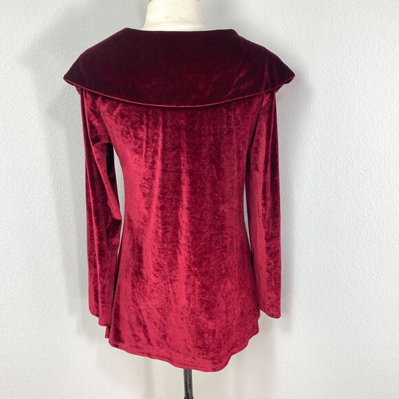 Ruby Red Velvet Tunic Blouse Small Long Sleeves Bertha Cowl Collar Goth Boho - Picture 8 of 11